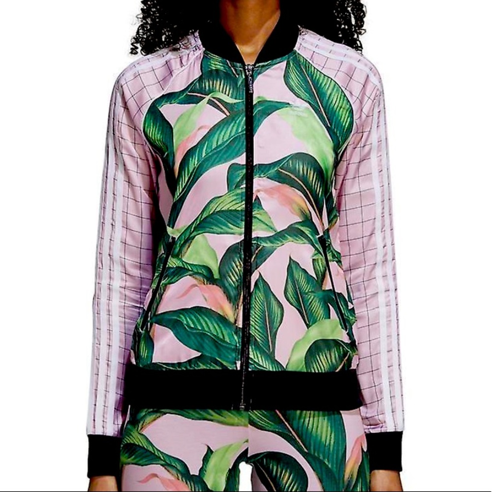 Adidas originals x Farm Rio SST tropical palm leaf jacket pink green